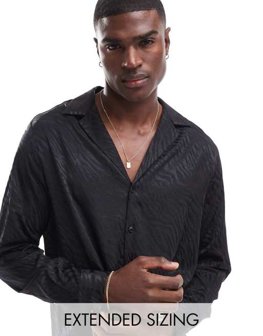 ASOS DESIGN - Camicia squadrata comoda con rever profondo nera zebrata jacquard