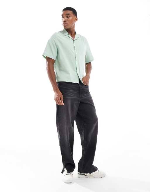 ASOS DESIGN - Camicia squadrata comoda in cotone fiammato verde, 4 di 4