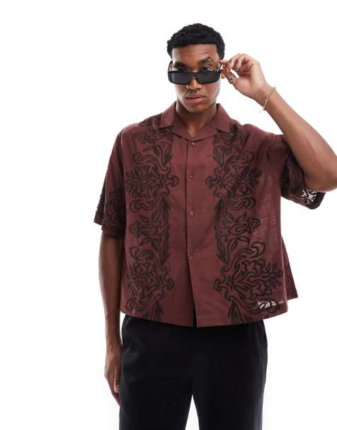 ASOS DESIGN - Camicia squadrata con rever oversize bordeaux con bordi ricamati - view 1