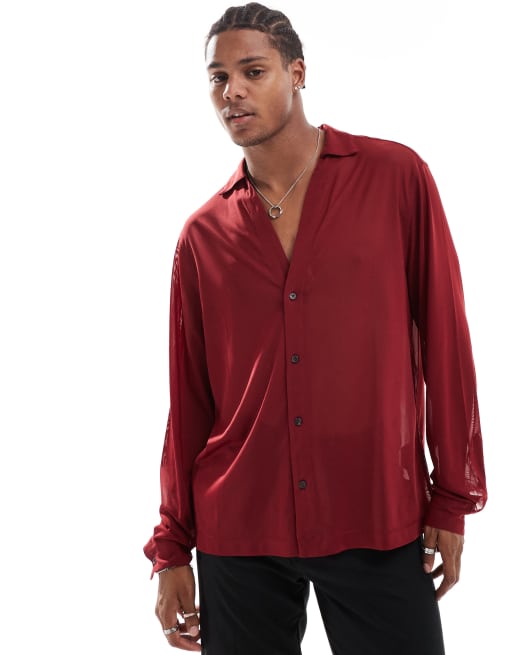 ASOS DESIGN - Camicia squadrata elasticizzata color bordeaux trasparente con rever profondi 