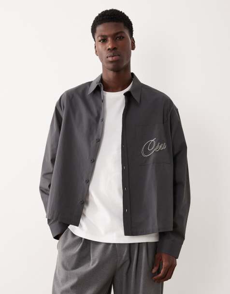 ASOS DESIGN - Camicia squadrata in popeline grigia con ricamo - view 1