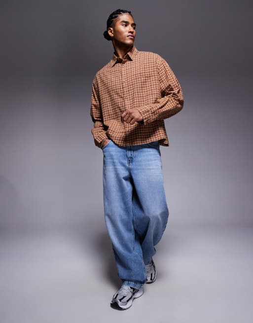 ASOS DESIGN boxy oversized twill shirt in brown check