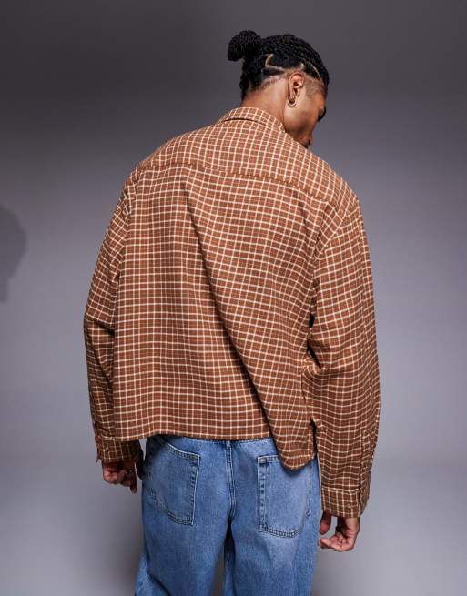 ASOS DESIGN boxy oversized twill shirt in brown check