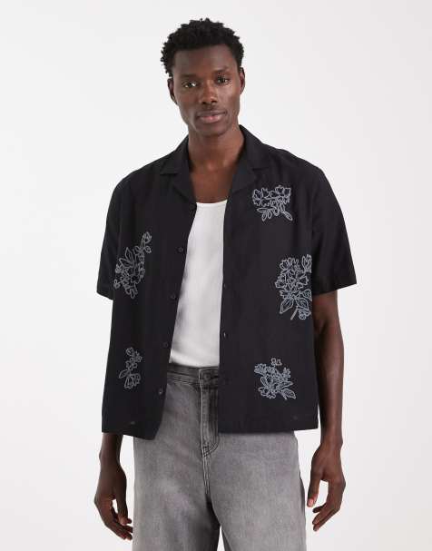 ASOS DESIGN - Camicia squadrata nera con ricamo floreale e rever - view 1