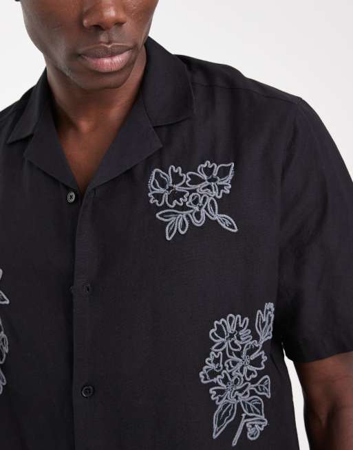 ASOS DESIGN - Camicia squadrata nera con ricamo floreale e rever, 5 di 5