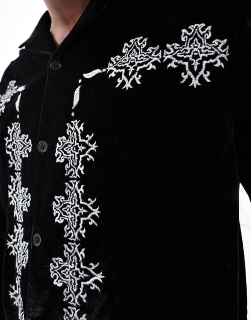 ASOS DESIGN - Camicia squadrata nera in velluto con ricami sui bordi, 4 di 4