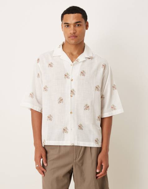 ASOS DESIGN - Camicia squadrata oversize a mezze maniche beige con stampa e rever - view 1
