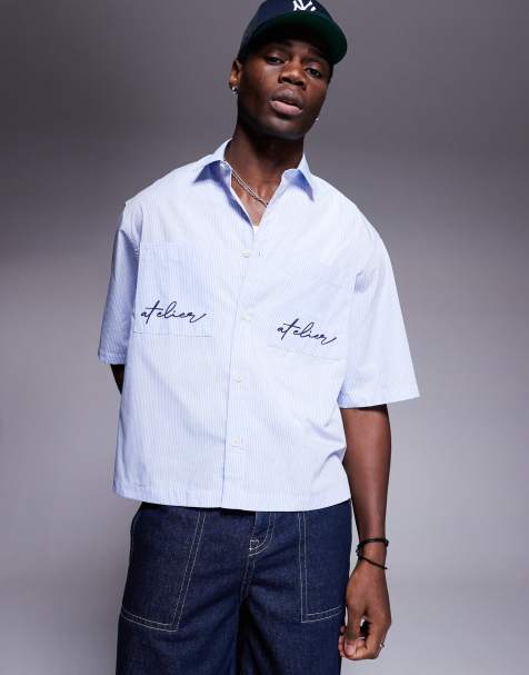ASOS DESIGN - Camicia squadrata oversize a quadretti blu e bianchi con ricamo sulla tasca - view 1