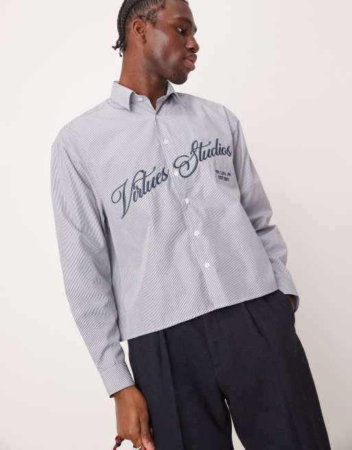 ASOS DESIGN - Camicia squadrata oversize a righe color bianco e nero con ricamo sul petto