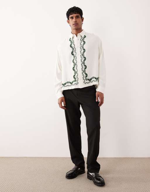 ASOS DESIGN - Camicia squadrata oversize beige con ricamo sui bordi, 2 di 5