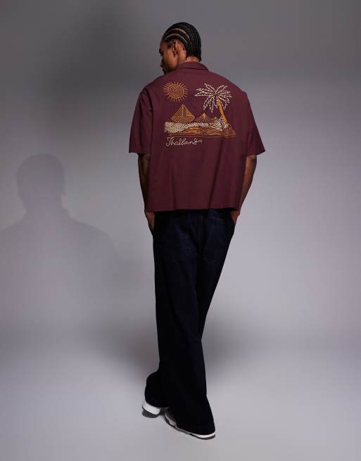 ASOS DESIGN - Camicia squadrata oversize bordeaux con ricamo sul retro, 2 di 5