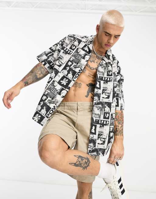 ASOS DESIGN - Camicia squadrata oversize con rever in misto lino con stampa di quotidiano monocromatica