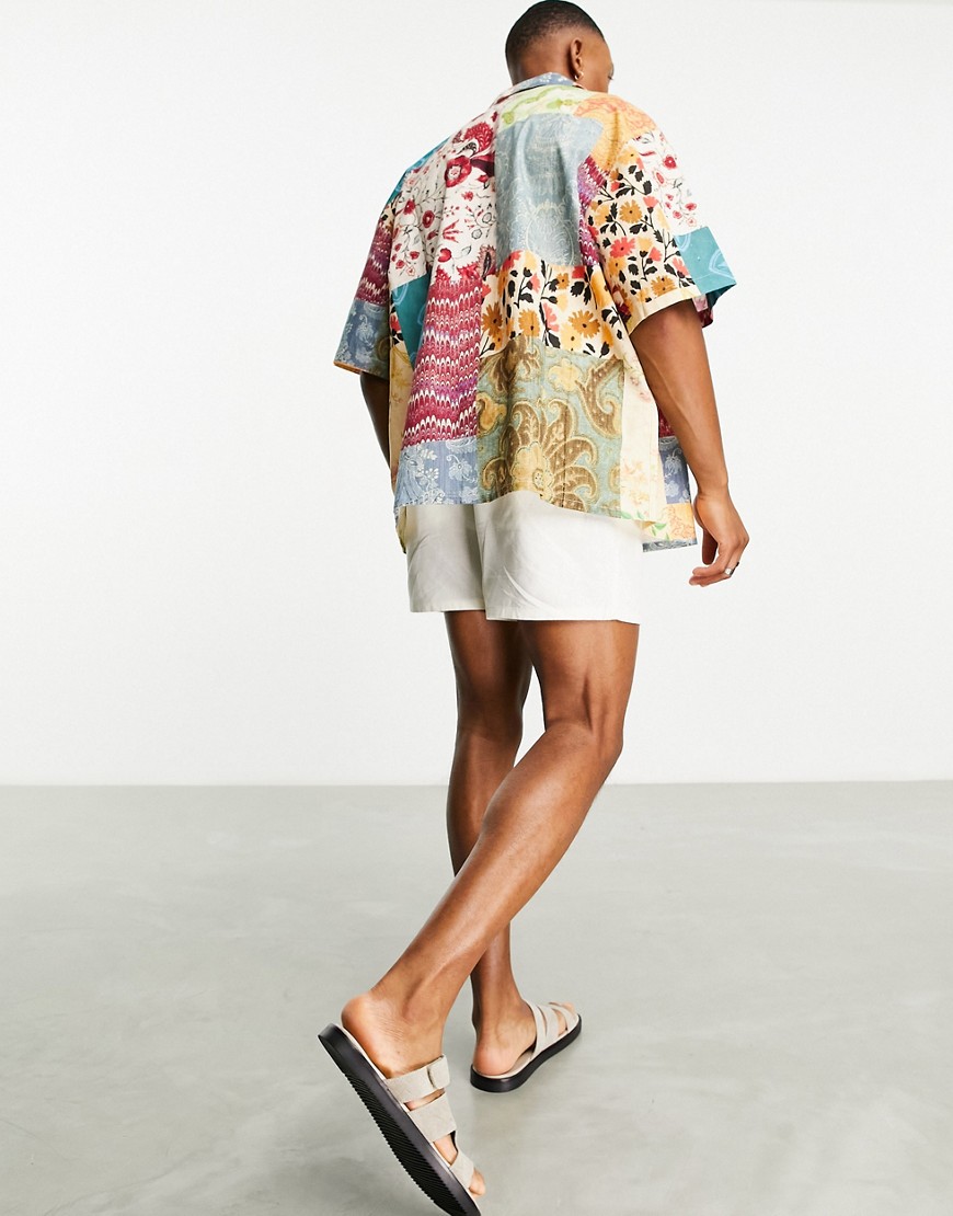 Camicia squadrata oversize con rever in misto lino con stampa patchwork a fiori-Multicolore - ASOS DESIGN Camicia donna  - immagine2
