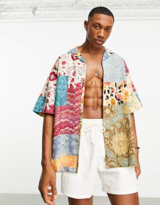 Camicia squadrata oversize con rever in misto lino con stampa patchwork a fiori-Multicolore - ASOS DESIGN Camicia donna  - immagine3