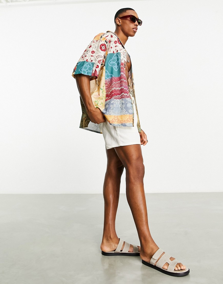 Camicia squadrata oversize con rever in misto lino con stampa patchwork a fiori-Multicolore - ASOS DESIGN Camicia donna  - immagine1