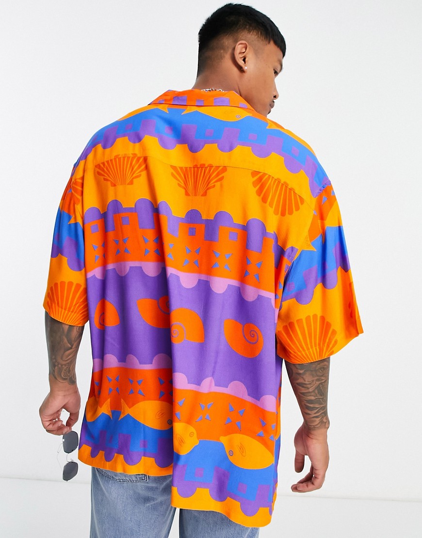 Camicia squadrata oversize con stampa di conchiglie vintage e rever-Arancione - ASOS DESIGN Camicia donna  - immagine2