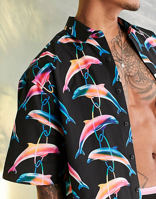 Camicia squadrata oversize con stampa di delfini Asos Uomo Abbigliamento Camicie Camicie a maniche corte 