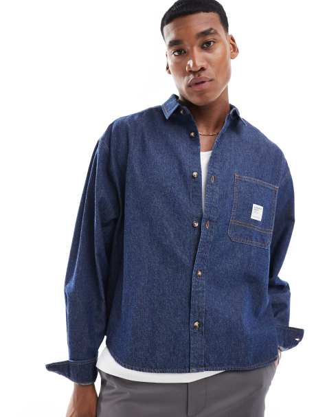 ASOS DESIGN - Camicia squadrata oversize in denim blu con stemma - view 1