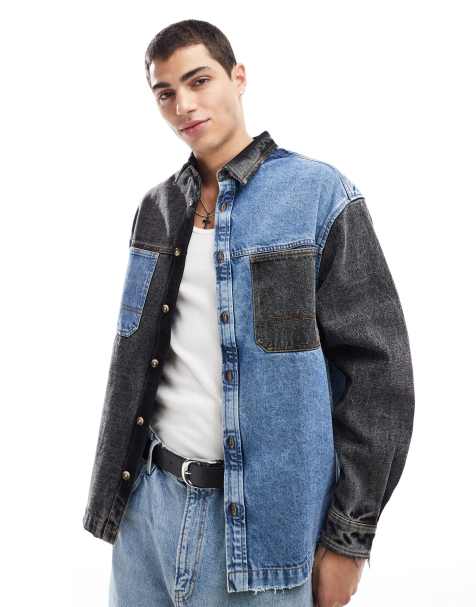 ASOS DESIGN - Camicia squadrata oversize in denim colorblock blu slavato e nera - view 1