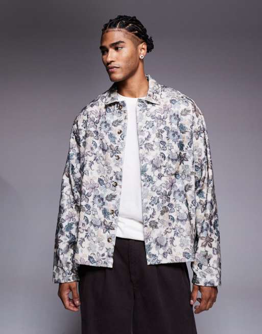 ASOS DESIGN - Camicia squadrata oversize in flanella color crema a fiori