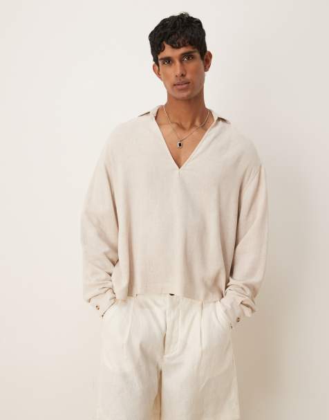 ASOS DESIGN - Camicia squadrata oversize in misto lino testurizzato color pietra - view 1