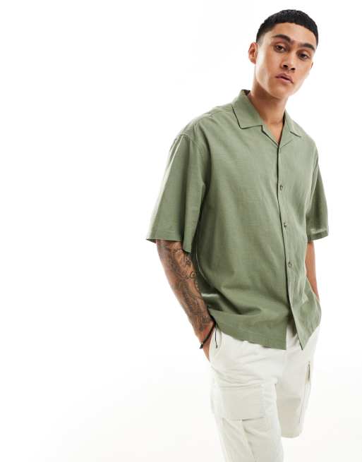 ASOS DESIGN - Camicia squadrata oversize in misto lino verde con rever