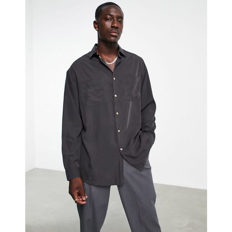 8hShE Camicie DESIGN - Camicia squadrata oversize in modal nero slavato