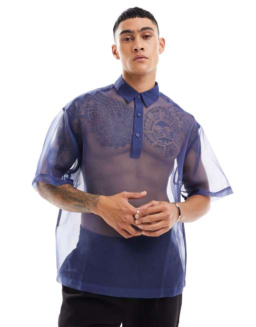ASOS DESIGN Camicia squadrata oversize in organza blu navy ASOS