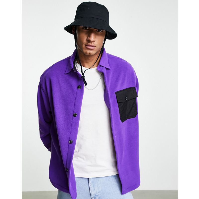 Camicie Uomo DESIGN - Camicia squadrata oversize in pile viola con tasca a contrasto