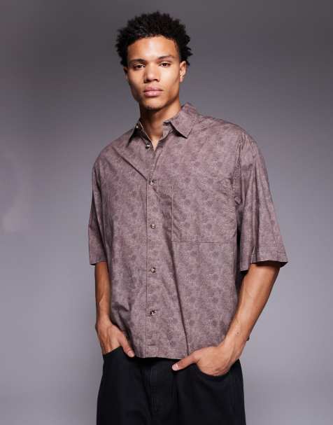 ASOS DESIGN - Camicia squadrata oversize in popeline marrone con stampa pitonata - view 1