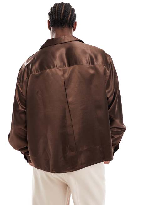 ASOS DESIGN - Camicia squadrata oversize in raso marrone scuro, 4 di 4