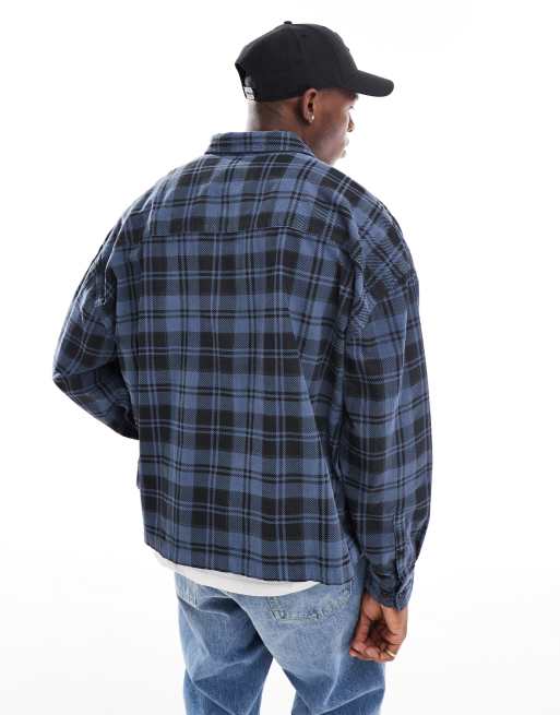 ASOS DESIGN - Camicia squadrata oversize in tessuto a coste blu navy a quadri con ricamo sul petto , 2 di 4