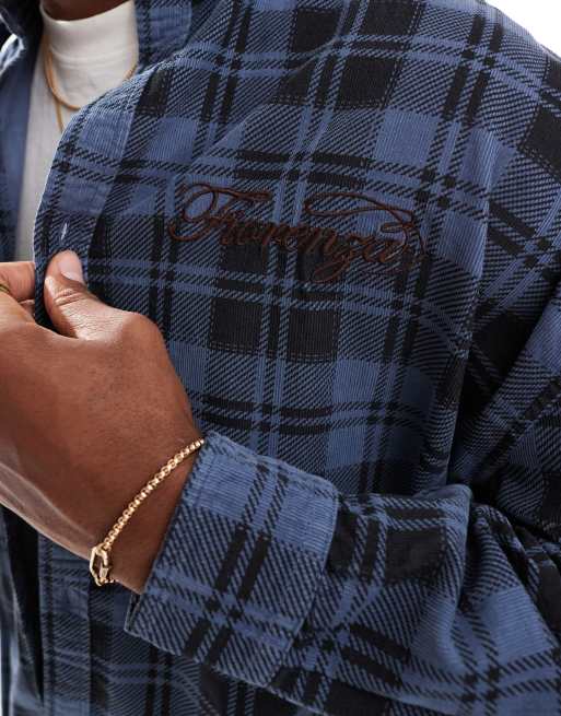 ASOS DESIGN - Camicia squadrata oversize in tessuto a coste blu navy a quadri con ricamo sul petto , 4 di 4