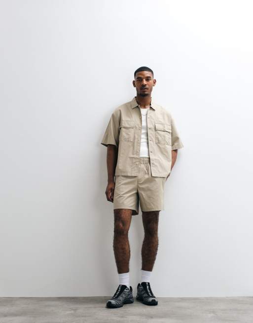 ASOS DESIGN - Camicia squadrata oversize in twill di cotone beige in coordinato, 4 di 5