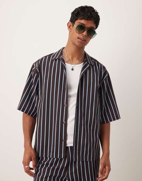ASOS DESIGN - Camicia squadrata oversize marrone a righe con colletto a rever in coordinato - view 1