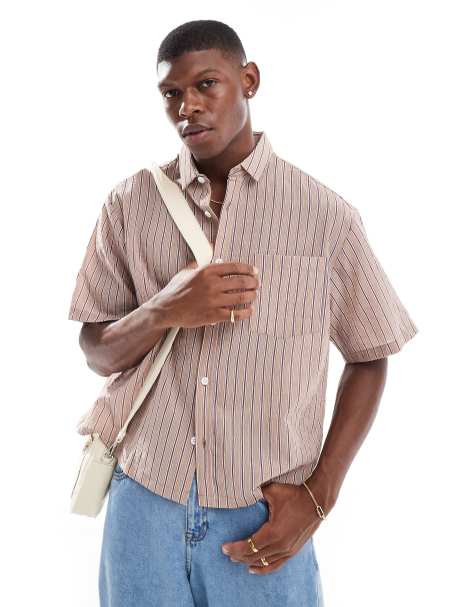 ASOS DESIGN - Camicia squadrata oversize rosa a righe testurizzate - view 1