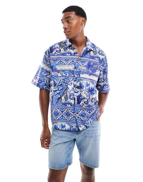 ASOS DESIGN - Camicia squadrata oversize stampata blu e bianca - view 1