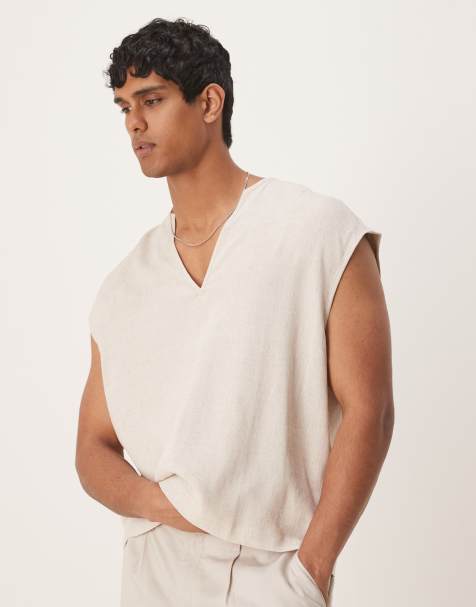 ASOS DESIGN - Camicia squadrata senza maniche in lino color pietra - view 1