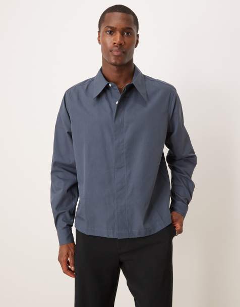 ASOS DESIGN - Camicia squadrata taglio corto grigia in popeline con colletto anni '70 - view 1