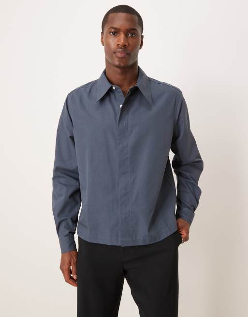 ASOS DESIGN - Camicia squadrata taglio corto grigia in popeline con colletto anni '70