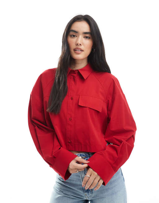 ASOS DESIGN - Camicia squadrata taglio corto rossa in cotone premium con tasca