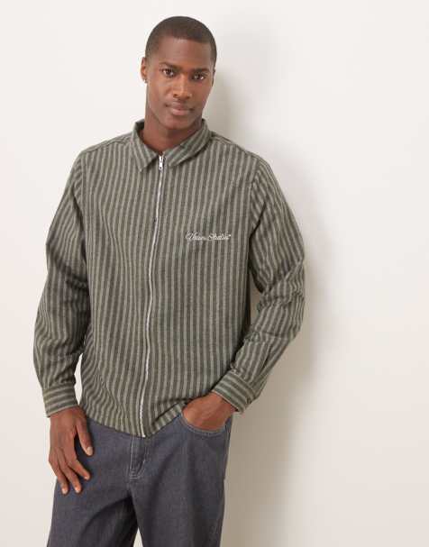 ASOS DESIGN - Camicia squadrata vestibilità comoda kaki a righe con ricamo e chiusura con zip - view 1