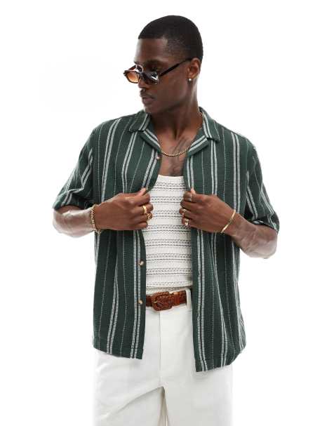 ASOS DESIGN - Camicia squadrata vestibilità comoda verde a righe con rever - view 1