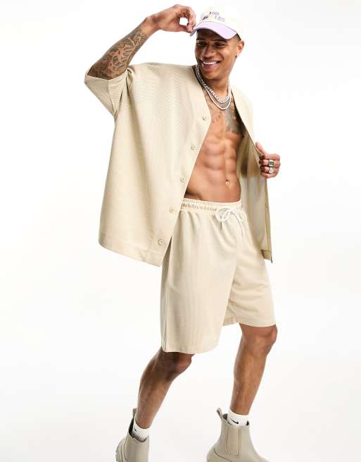 ASOS DESIGN - Camicia stile baseball oversize beige in rete sportiva in coordinato