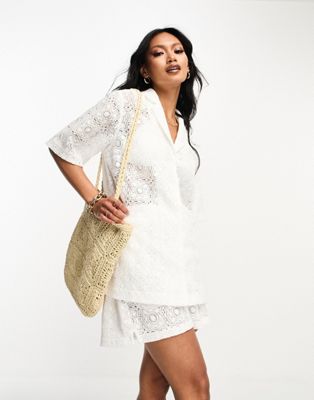 ASOS DESIGN crochet bowling shirt in white co-ord - ASOS Price Checker