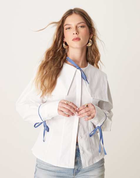 ASOS DESIGN - Camicia stile marinière aderente in popeline bianca con fiocchetti - view 1
