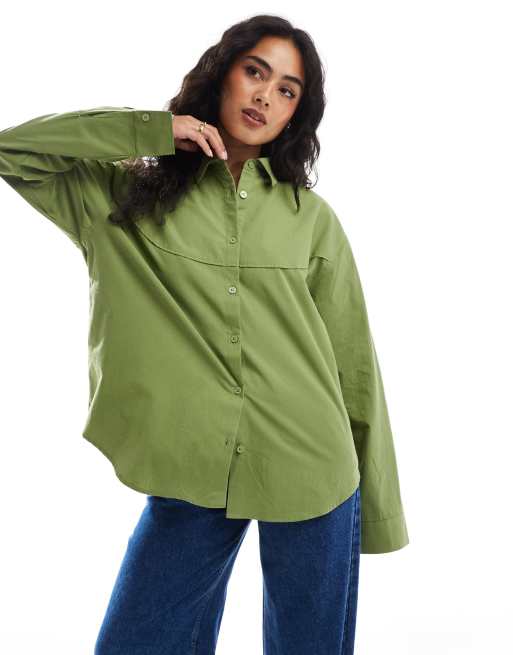 ASOS DESIGN - Camicia stile western in popeline verde oliva con cuciture a contrasto