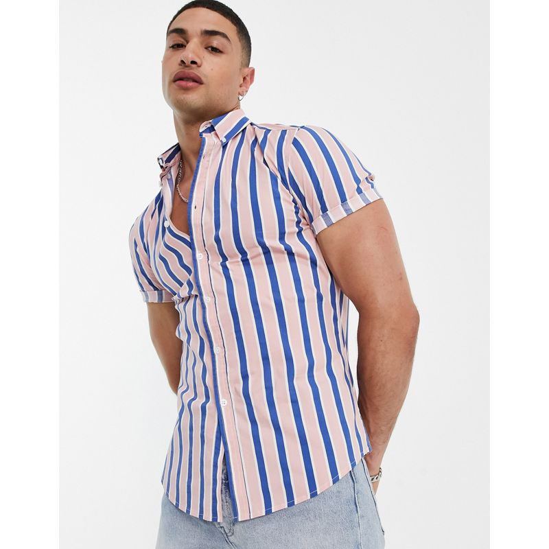 Uomo OiC89 DESIGN - Camicia stretch skinny blu navy e rosa, a righe