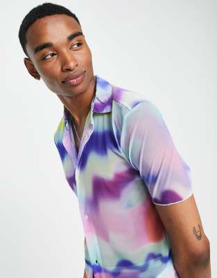 Camicia stretch skinny corta in tessuto a rete con stampa stile vernice spray-Multicolore - ASOS DESIGN Camicia donna  - immagine2