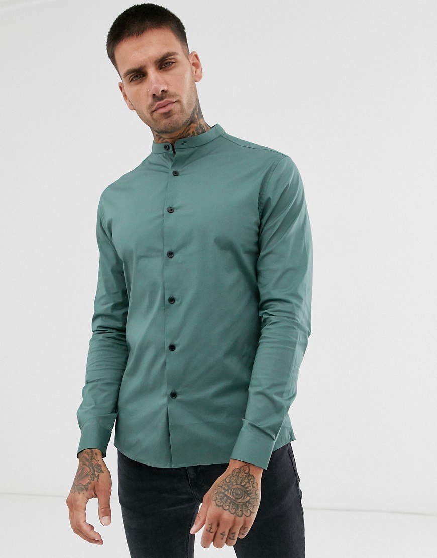 ASOS DESIGN - Camicia stretch skinny elegante verde scuro con collo serafino